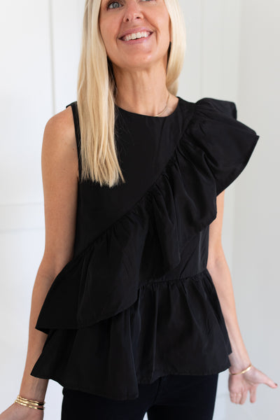 Black Dressy Front Ruffle Peplum Top