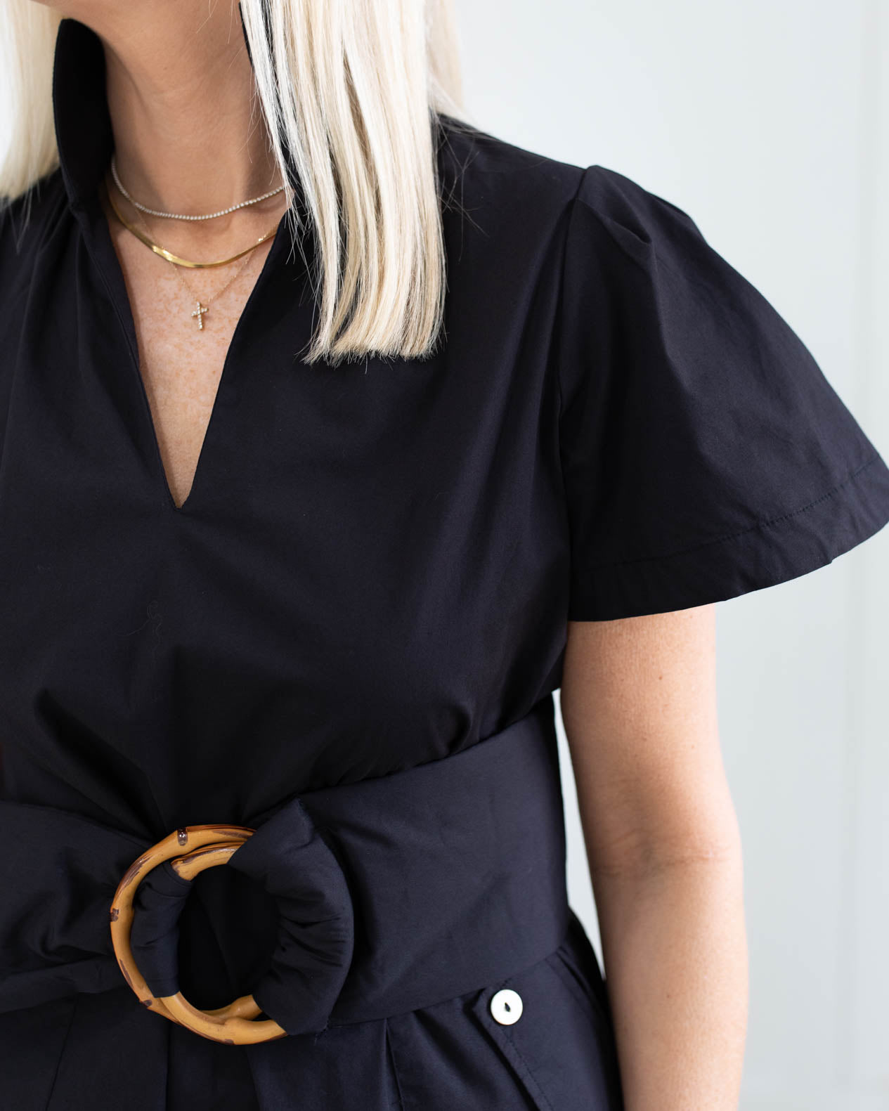 Black Midi Dress with V Front Collar, Pockets and Belt