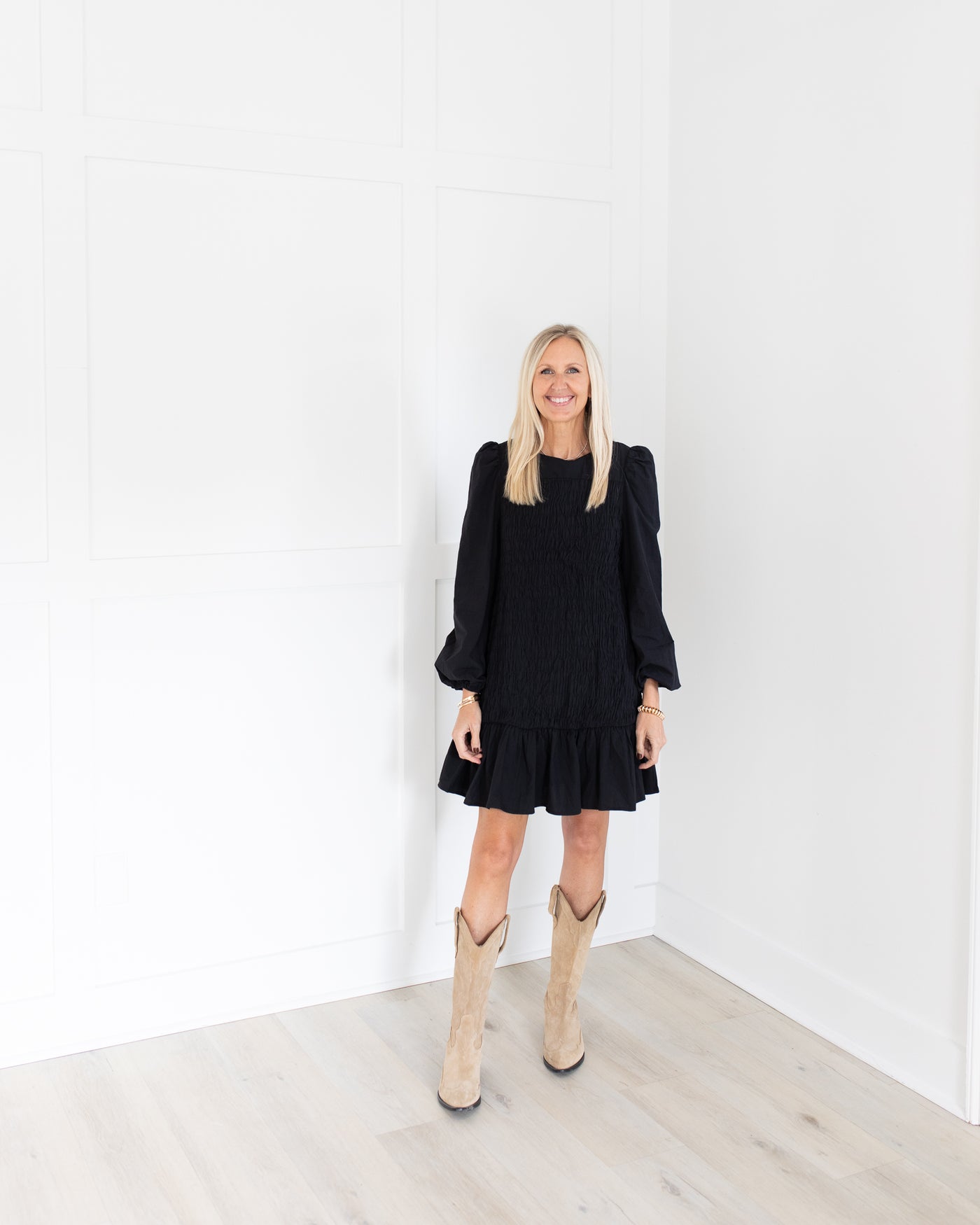 Black Smocked Puff Sleeve Mini Dress