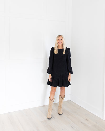 Black Smocked Puff Sleeve Mini Dress