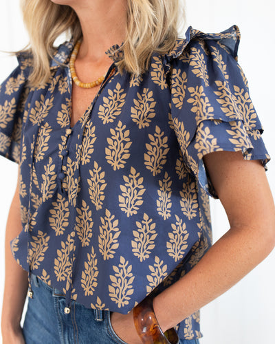 Navy and Tan Botanical Tiered Top