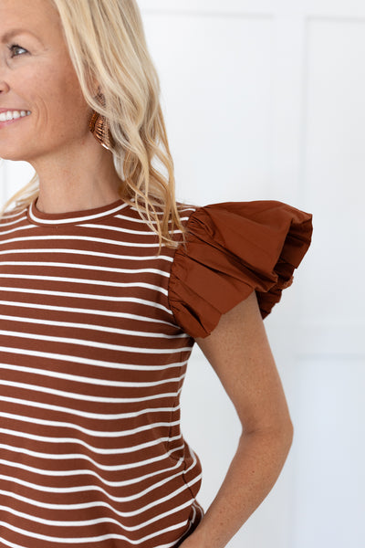 Brown/White Stripe Knit with Poplin Puff Sleeve Top
