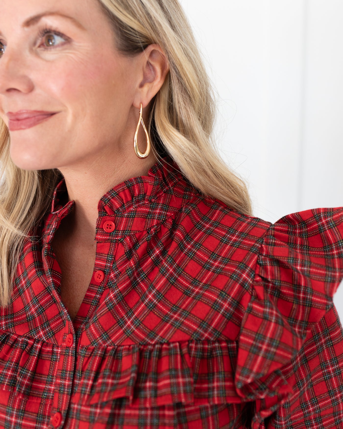 Red Tartan Plaid Ruffle Button Down Blouse