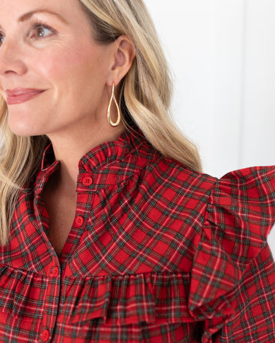 Red Tartan Plaid Ruffle Button Down Blouse