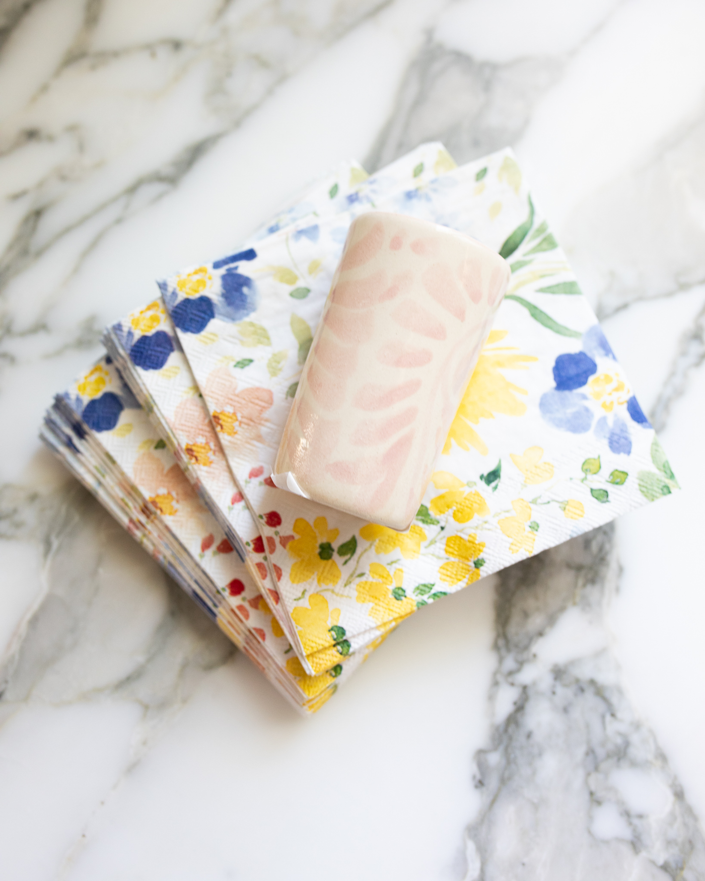 Yellow and Blue Floral Paper Beverage Napkins
