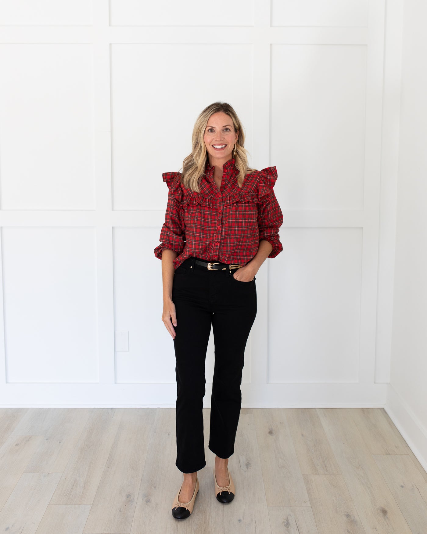 Red Tartan Plaid Ruffle Button Down Blouse