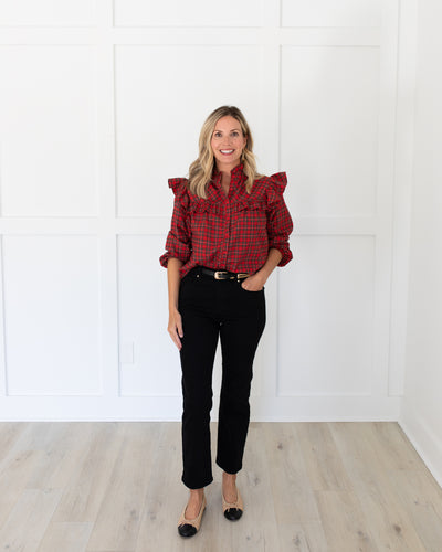 Red Tartan Plaid Ruffle Button Down Blouse