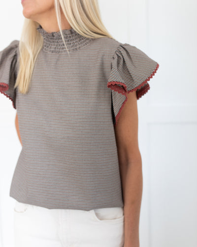 Rust and Black Houndstooth Flutter Sleeve Top