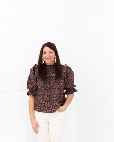 Smocked Top in Navy and Tan Animal Print