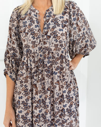 Tan, Brown and Navy Floral Dress