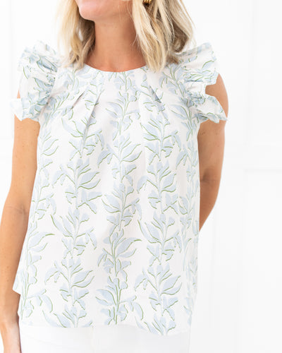 Charlie Ruffle Sleeve Top in Blue Green Floral