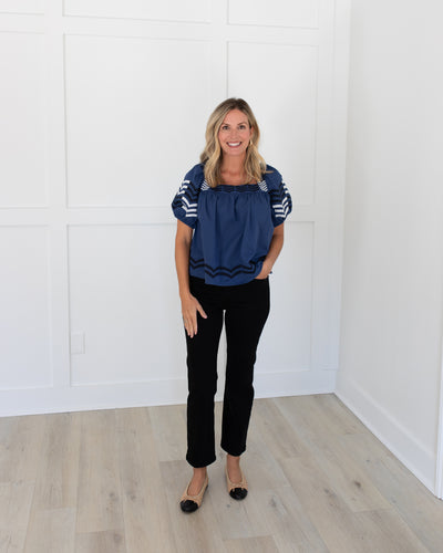 Navy Square Neck Blouse with Embroidered Puff Sleeves
