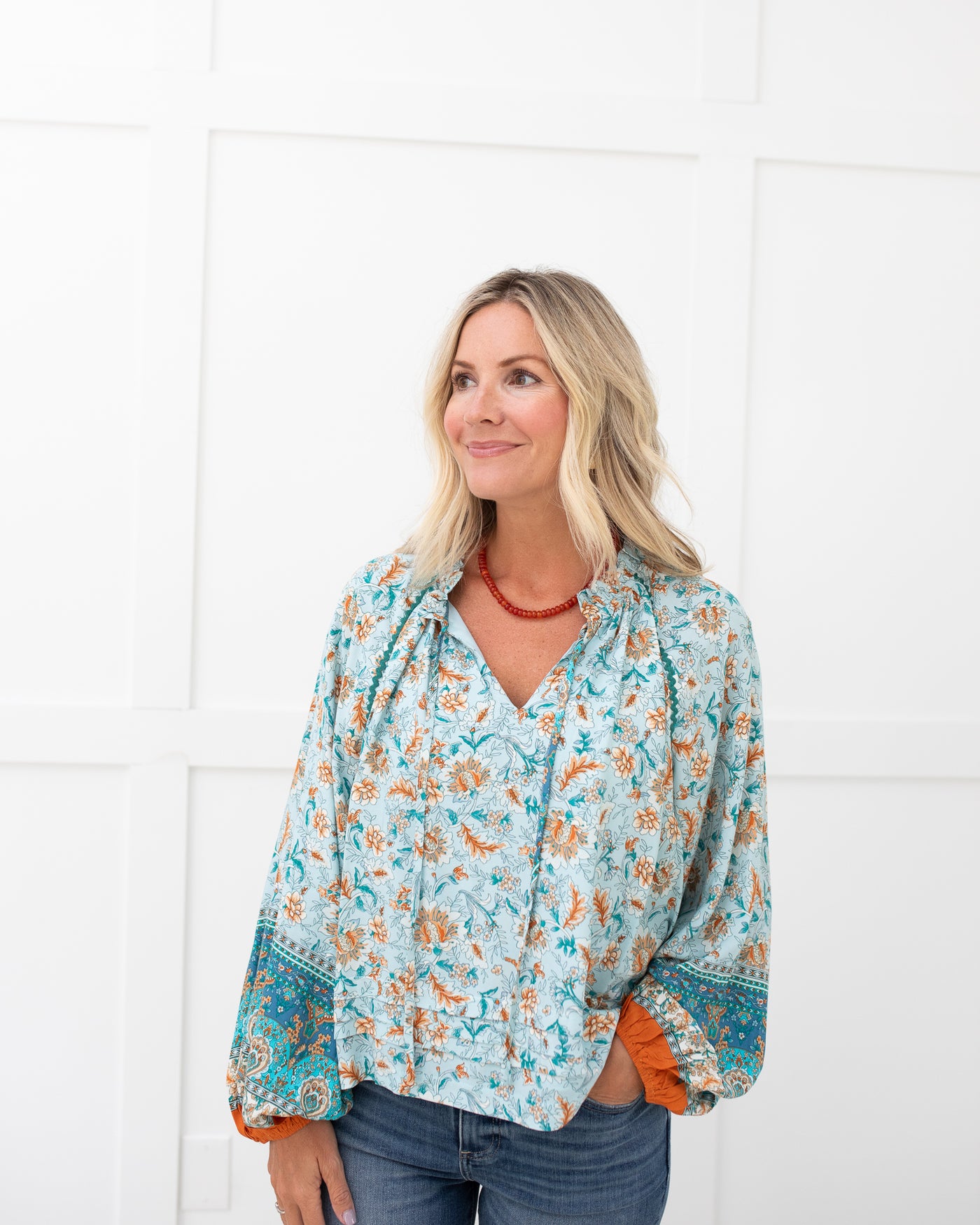 Blue and Brown Floral V Front Blouse