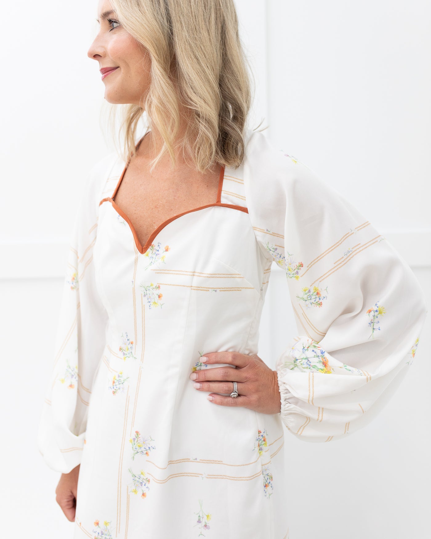 Cream Floral Balloon Sleeve Dress with Contrast Trim