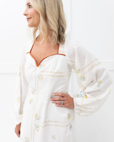 Cream Floral Balloon Sleeve Dress with Contrast Trim