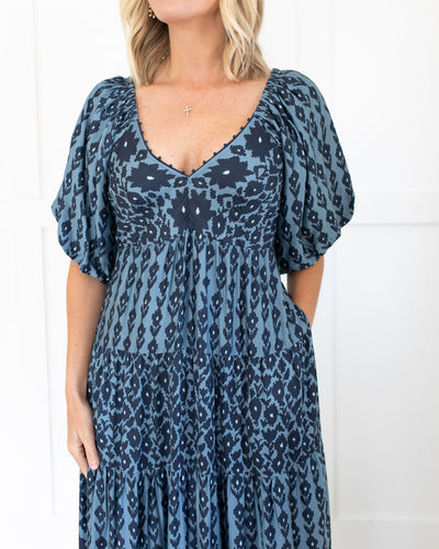 Blue with Navy Print Bubble Sleeve Maxi