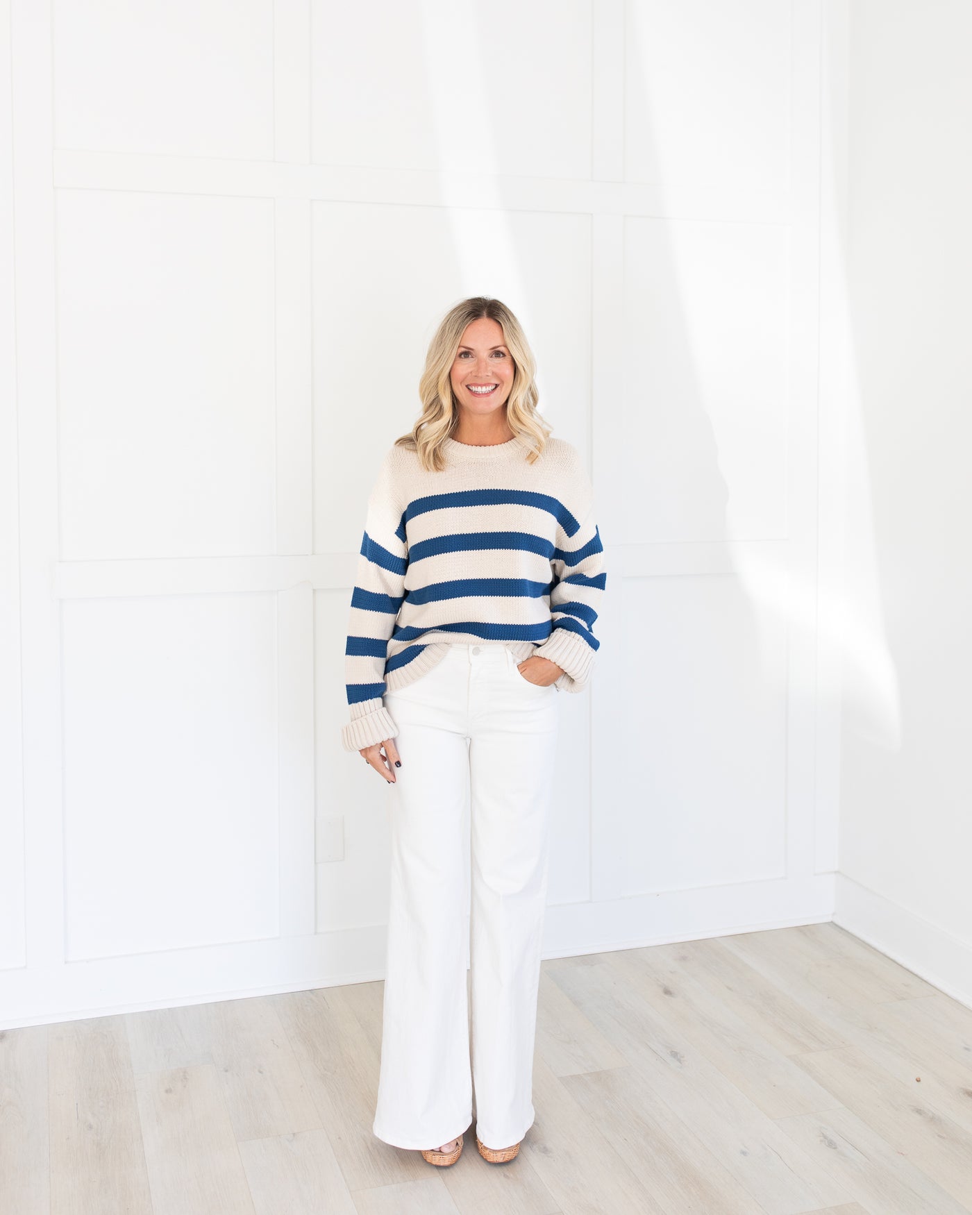 Natural and Blue Cotton Striped Crewneck Sweater