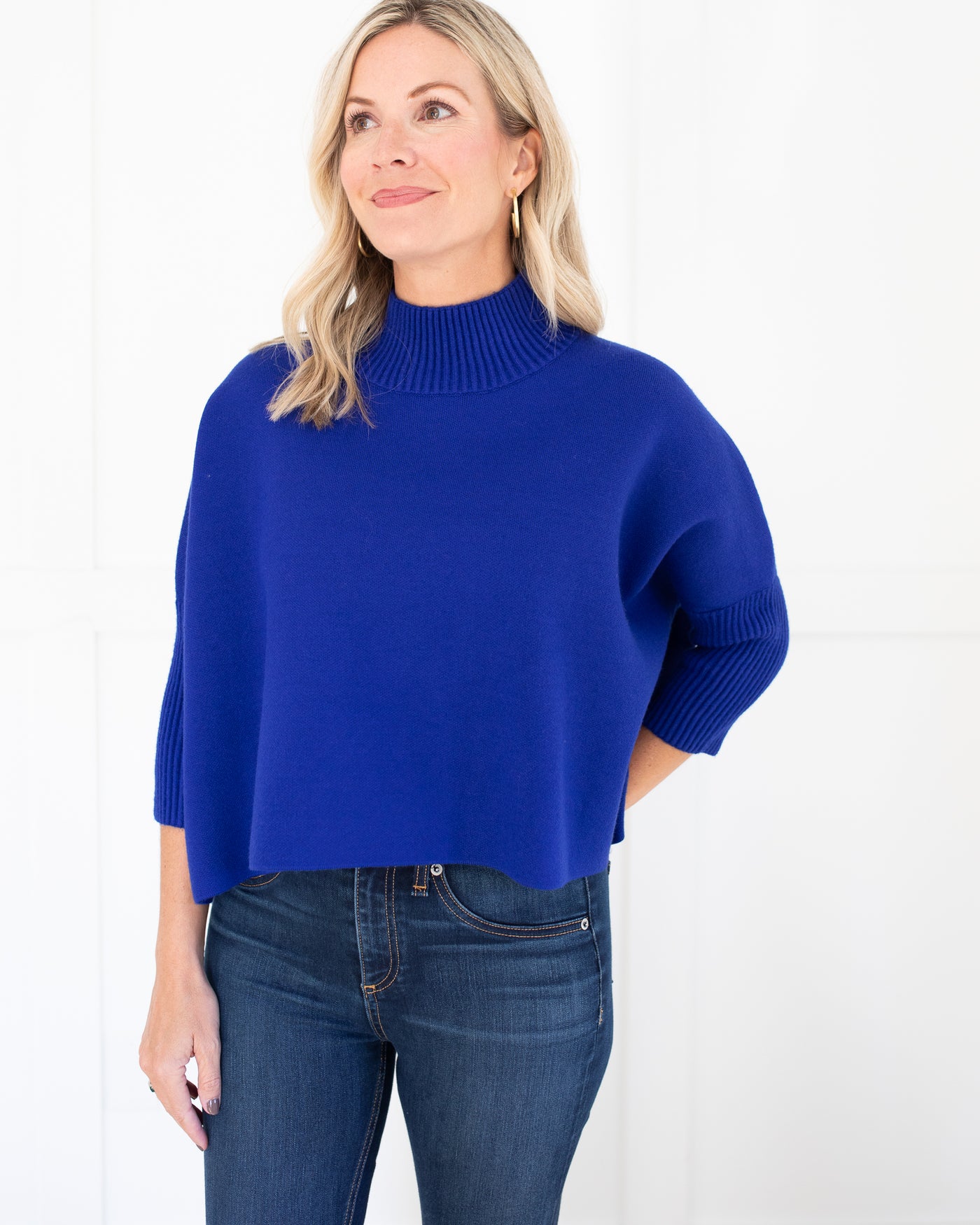 Mock Neck Crop Sweater in Royal Blue One Size