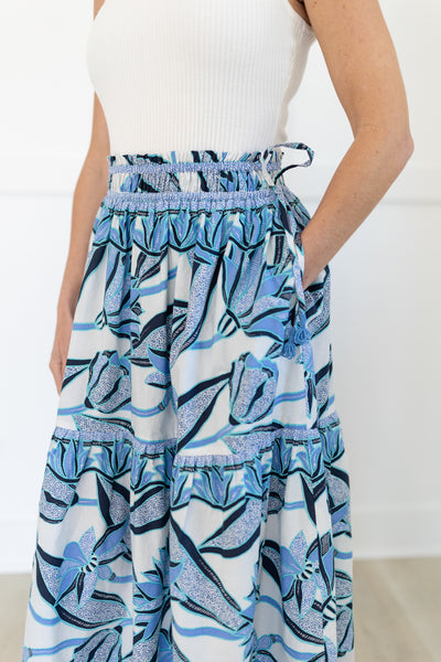 White and Floral Blues Printed Skirt