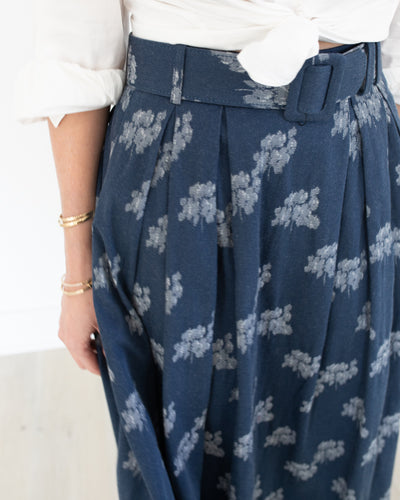 Navy Floral Midi Skirt with Belt