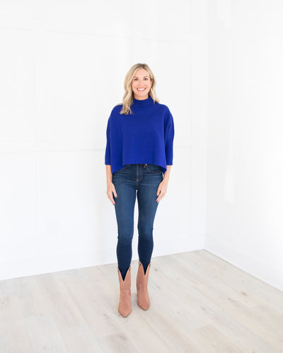 Mock Neck Crop Sweater in Royal Blue One Size