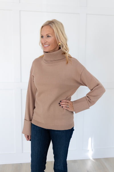 Taupe Turtleneck Sweater with Cuff