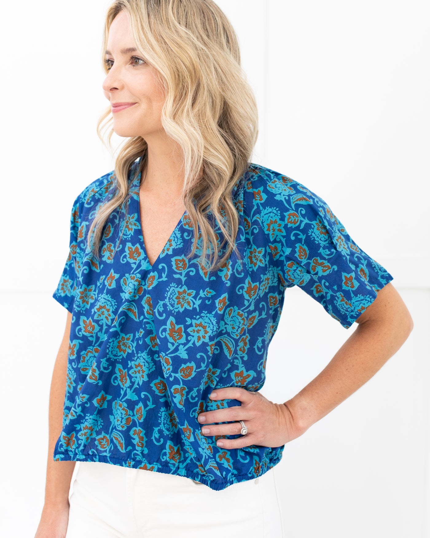 High Neck Short Sleeve Top in Dark Blues and Brown