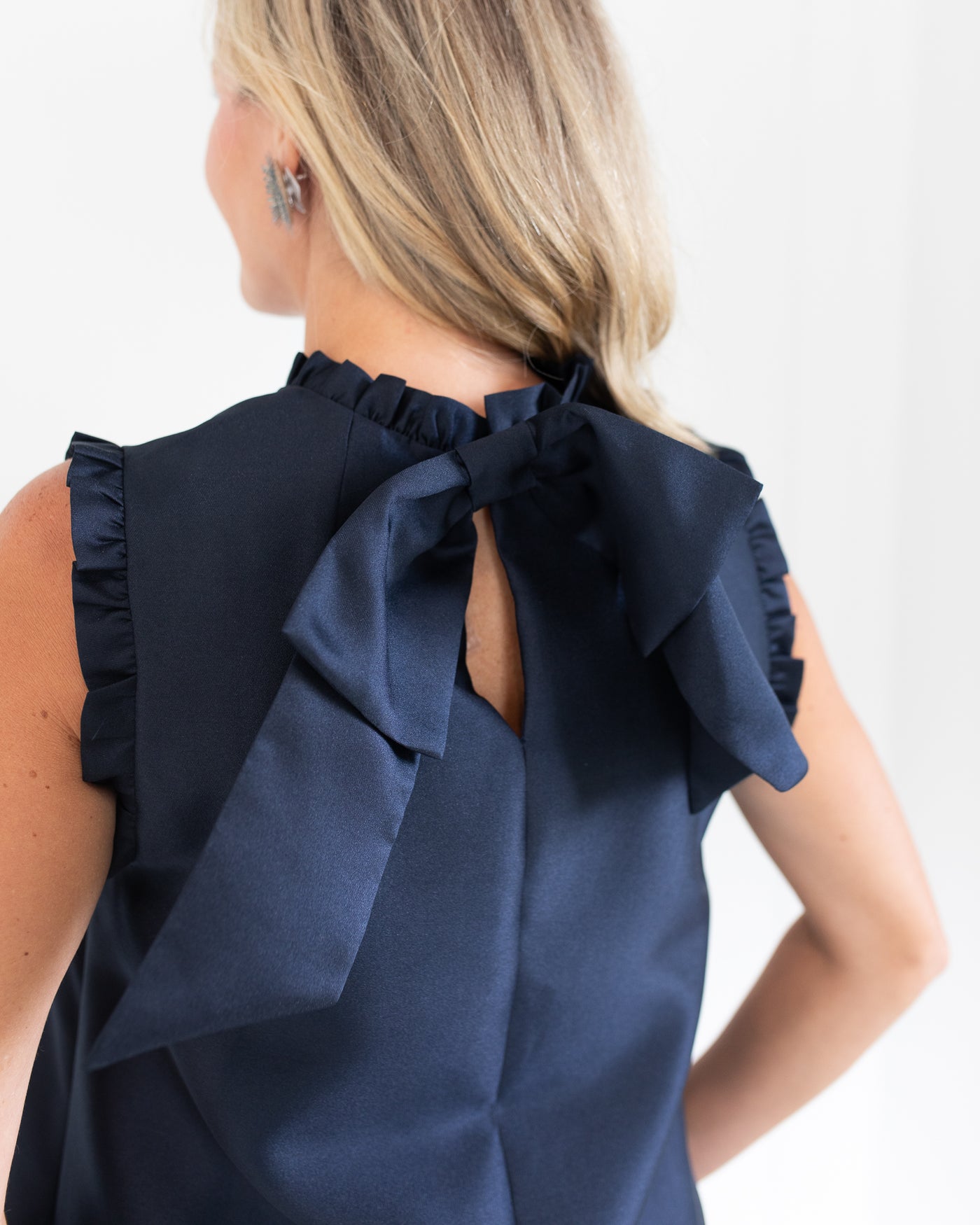Navy Tunic Dress with Ruffle Detail and Back Bow