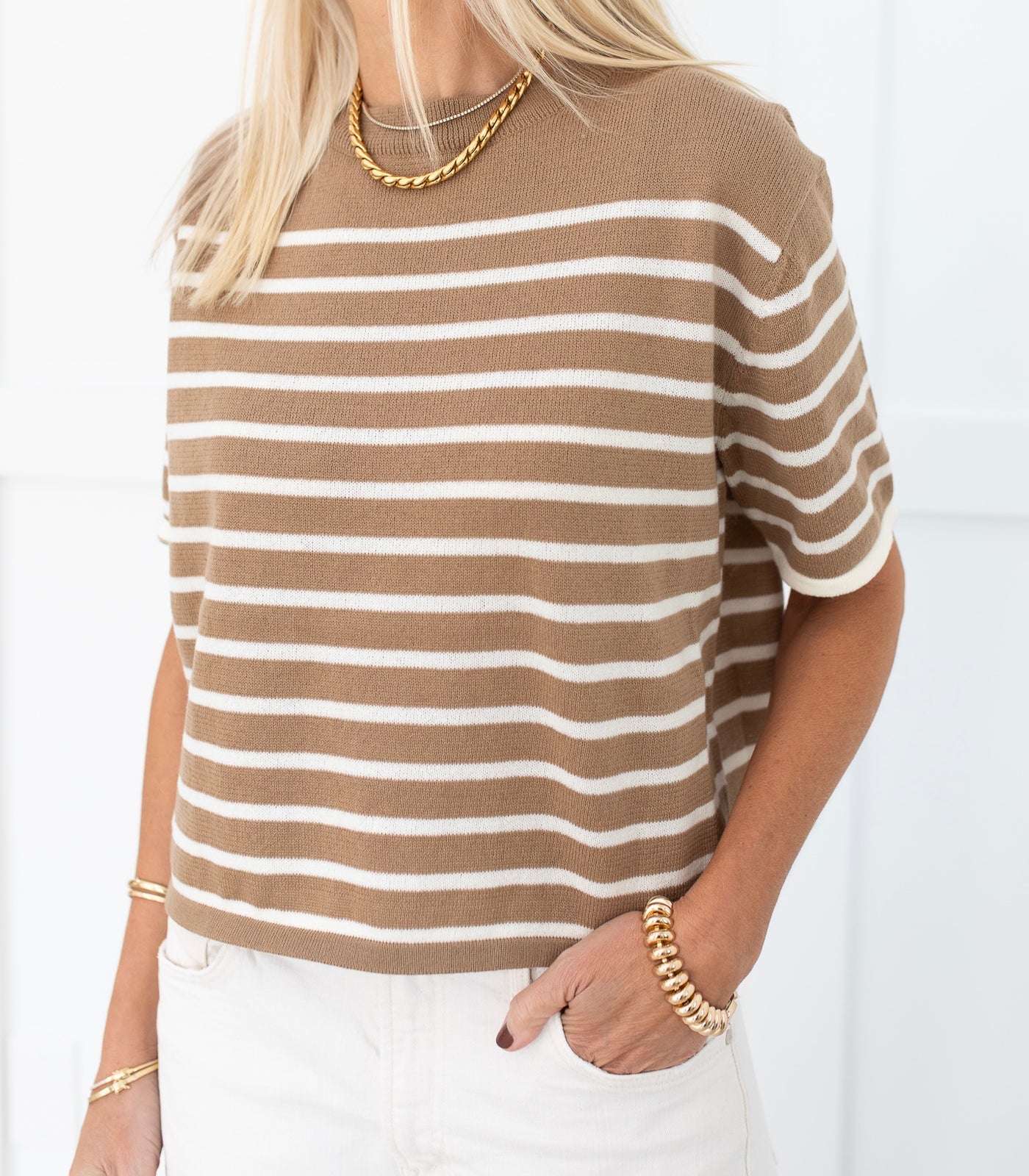Latte & Ivory Knit Short Sleeve Stripe Sweater