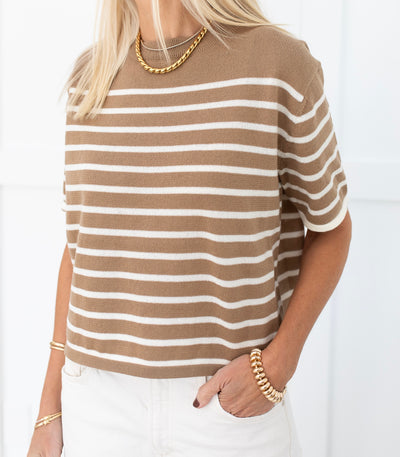 Latte & Ivory Knit Short Sleeve Stripe Sweater