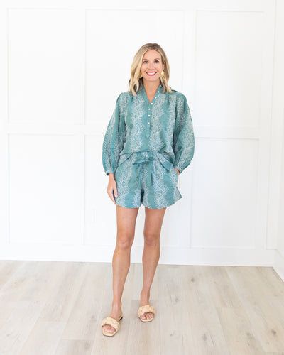 Seafoam and White Embroidered Shorts and Blouse Set