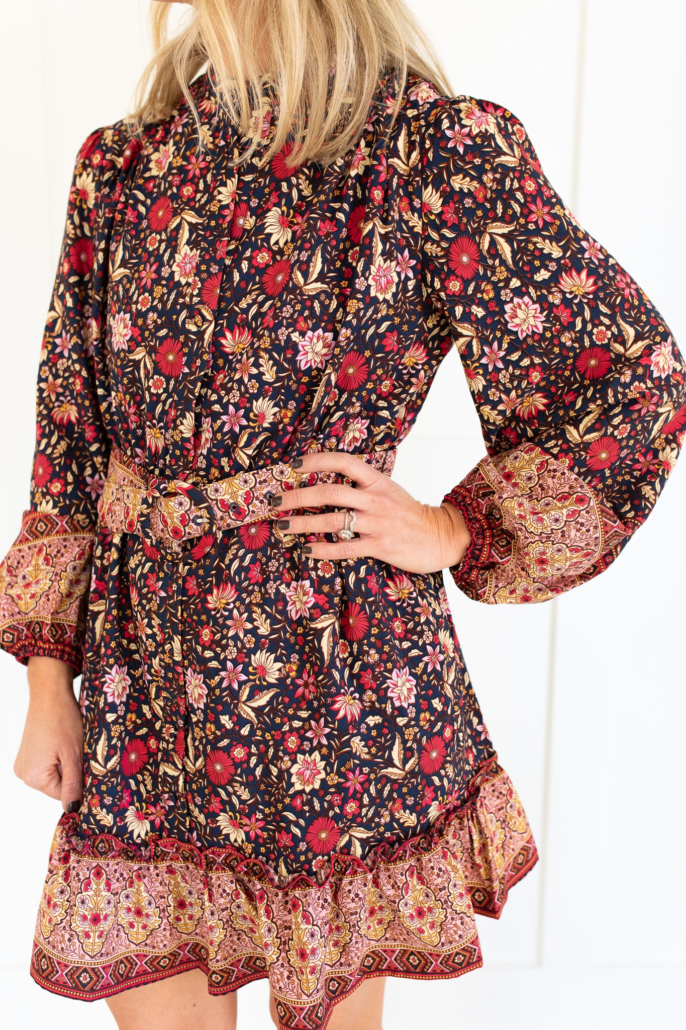 Midnight and Cranberry Floral Belted Mini Dress