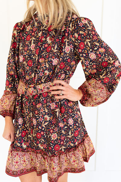 Midnight and Cranberry Floral Belted Mini Dress