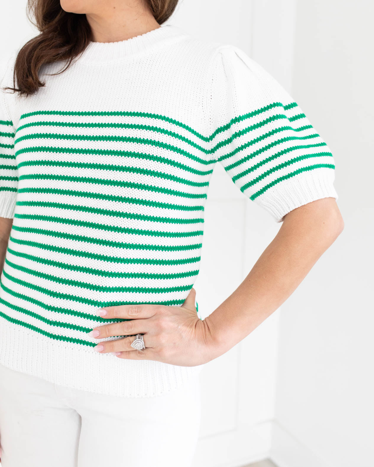 White/Green Stripe Short Puff Sleeve Sweater