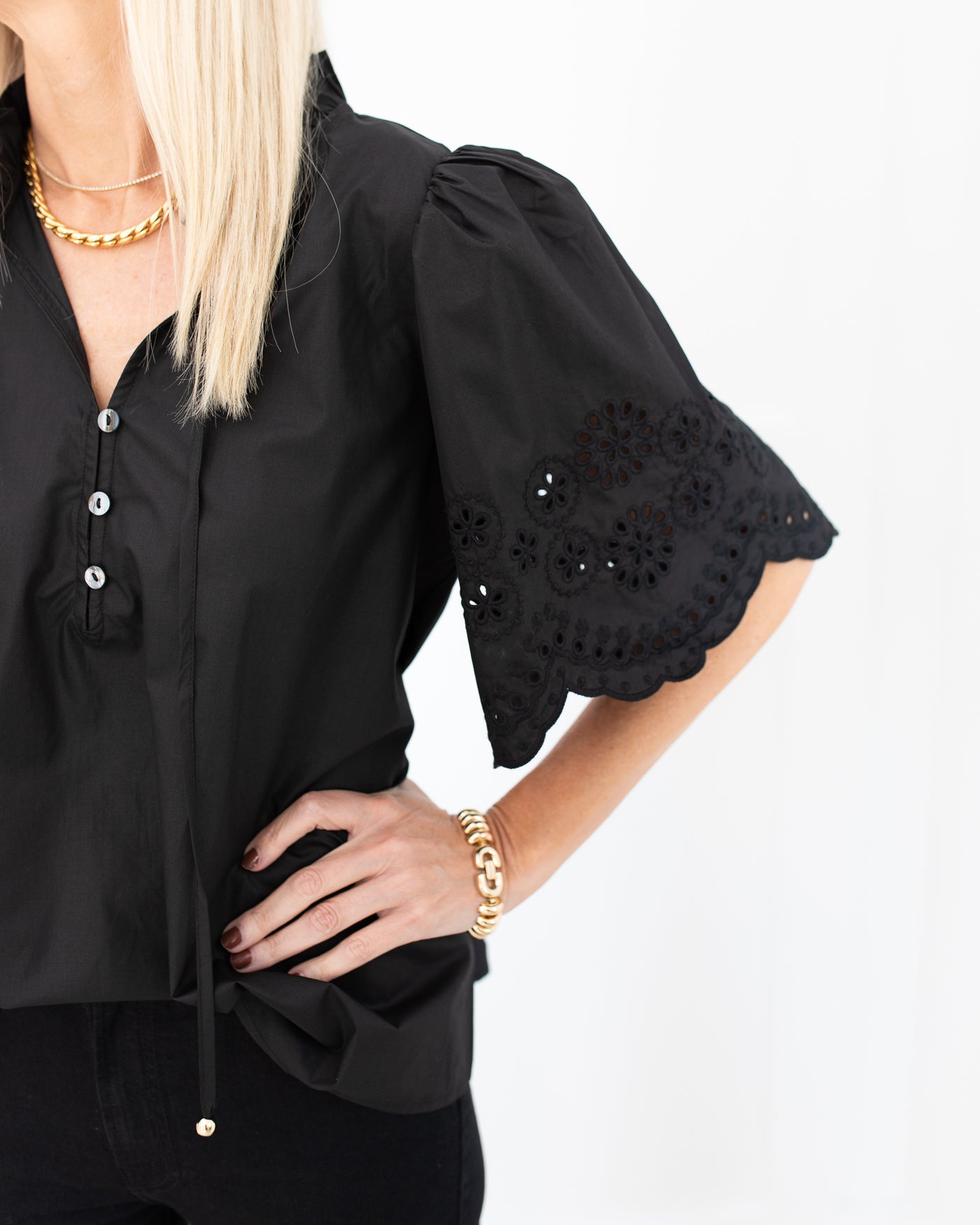 Black Eyelet Scallop Sleeve Top