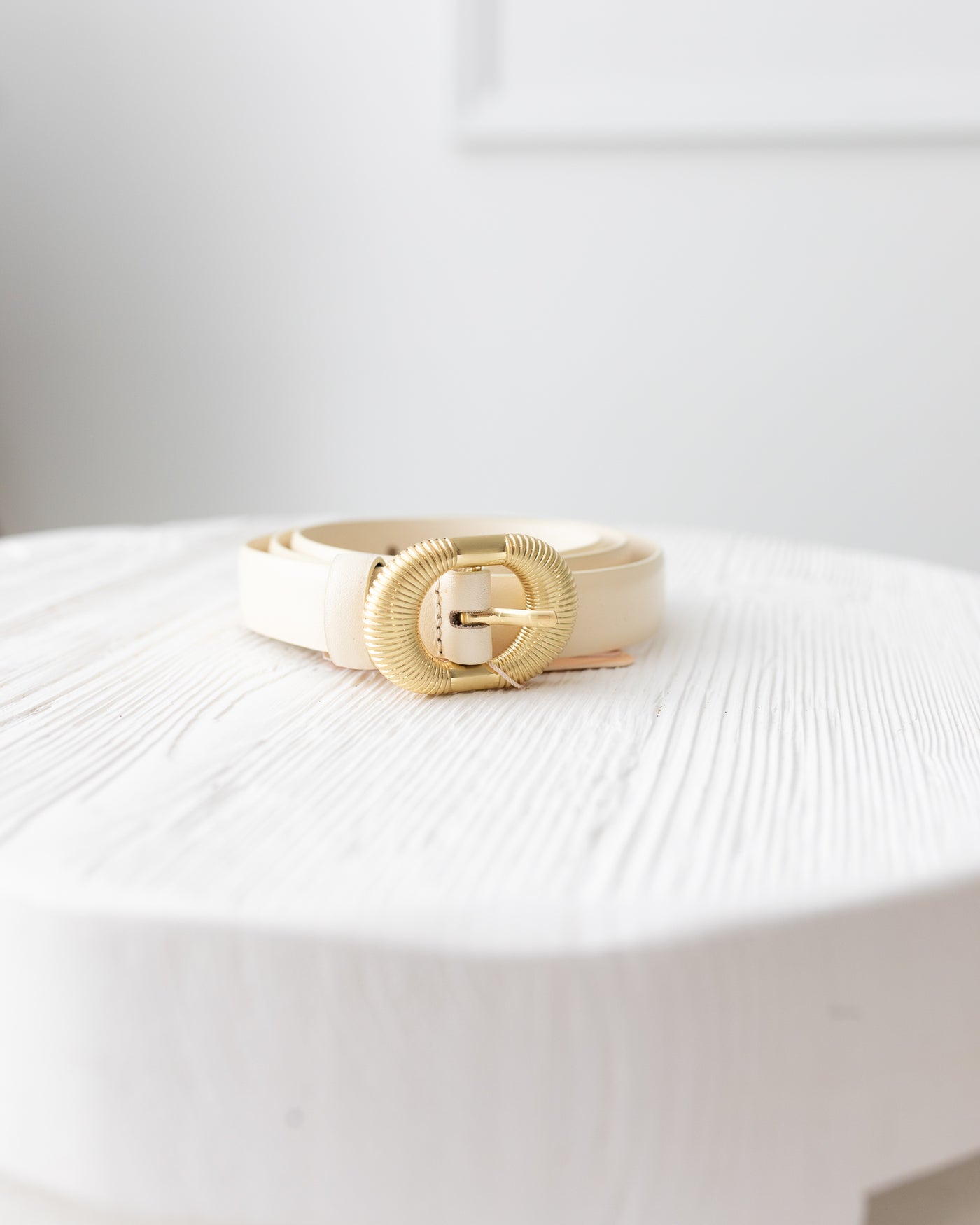 Ecru Leather Belt with Ribbed Texture Gold Buckle