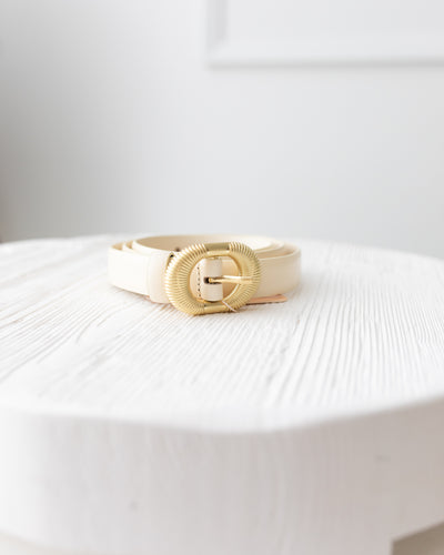 Ecru Leather Belt with Ribbed Texture Gold Buckle
