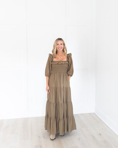 Olive Square Neck Tiered Maxi Dress