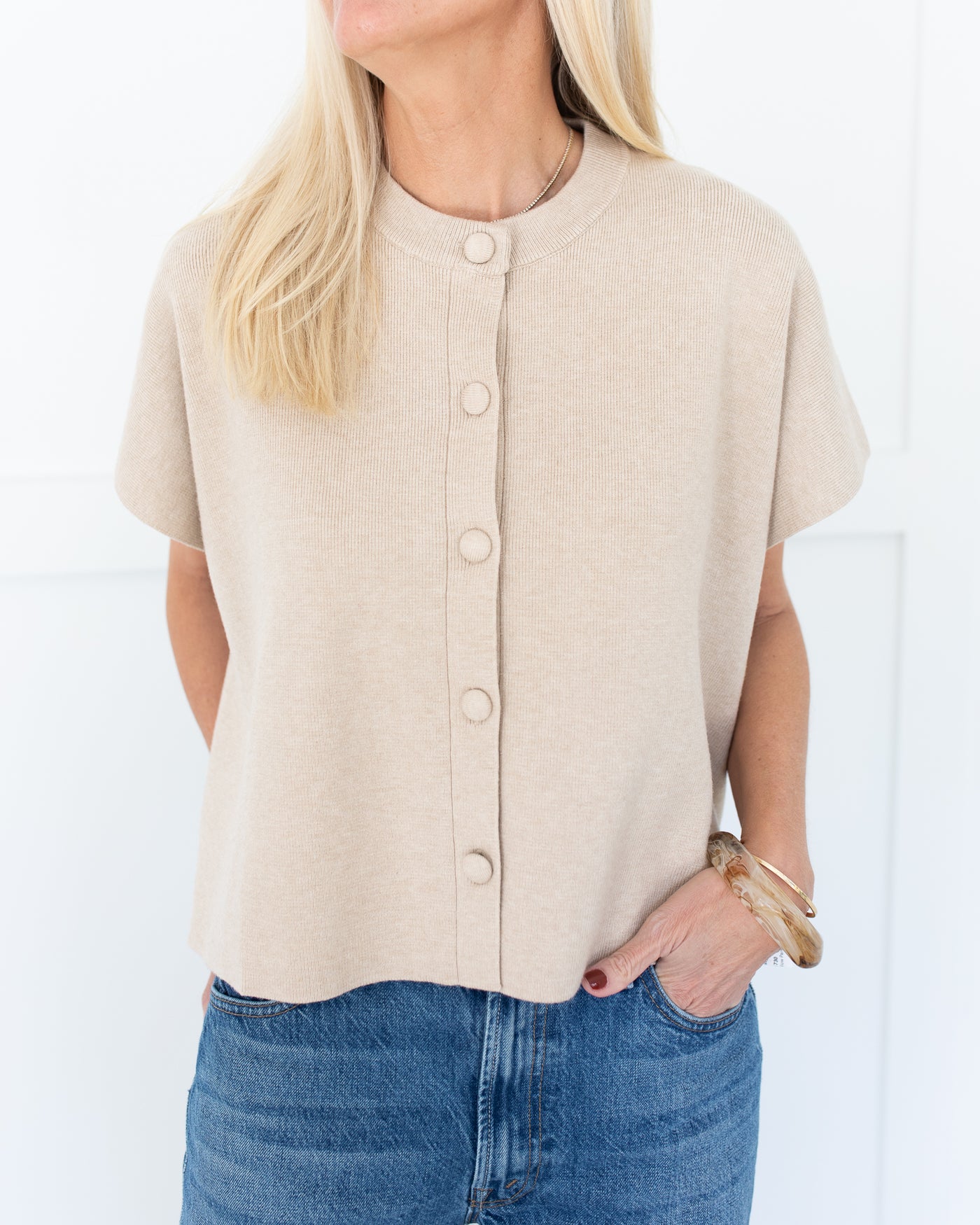 Oatmeal Knit Soft Short Sleeve Sweater w/Buttons