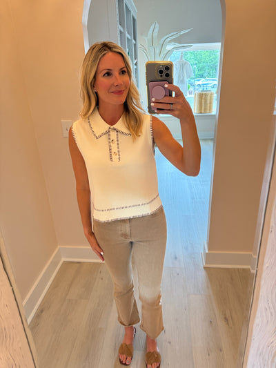 Cream Sleeveless Top with Brown Whip Stitch