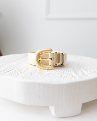 Ecru Leather Belt with Large Clasp Gold Buckle