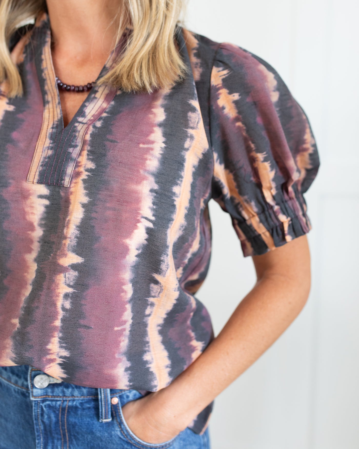 Wine, Black and Tan Tie Dye Puff Sleeve Top