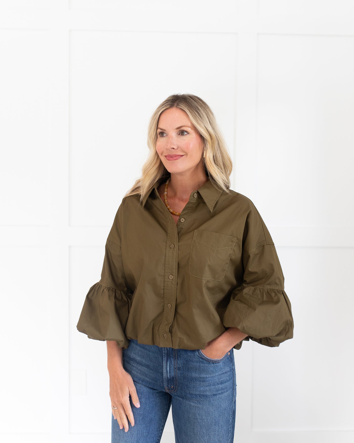 Olive Button Down Bubble Sleeve Blouse