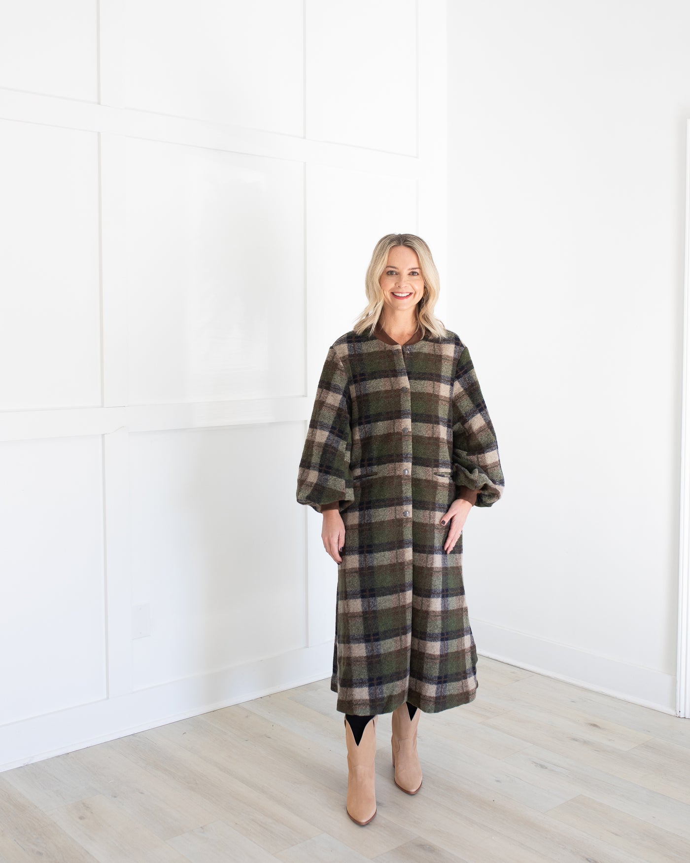 Plaid Brushed Wool Long Coat