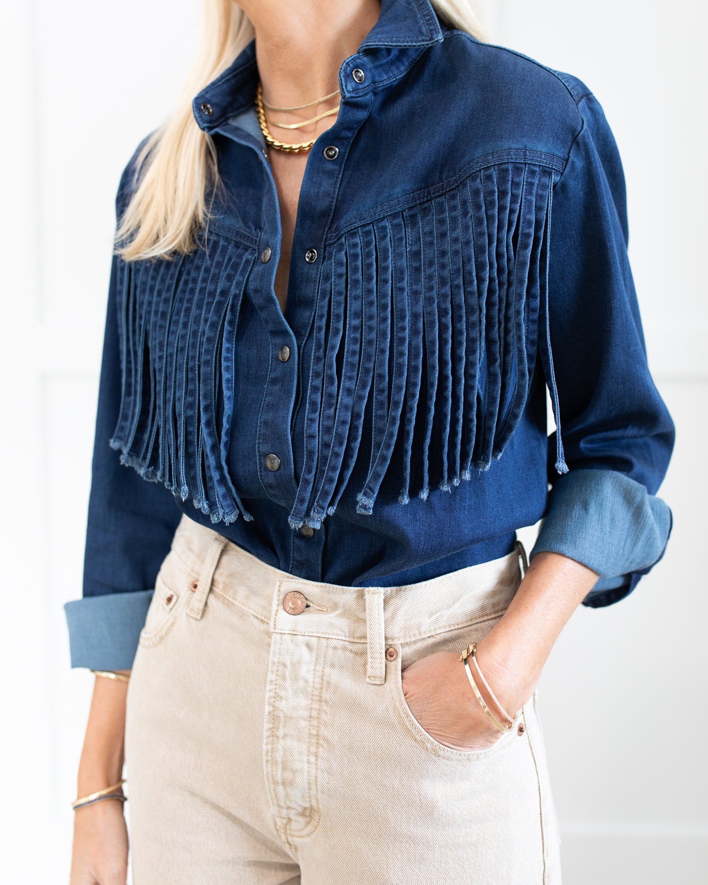 Dark Denim Fringed Button Down Shirt