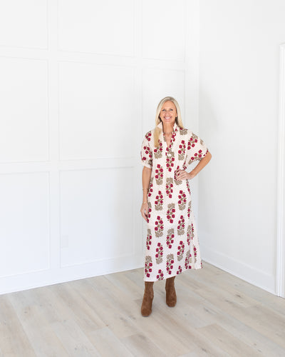 Cream, Olive and Burgundy Floral Midi Dress