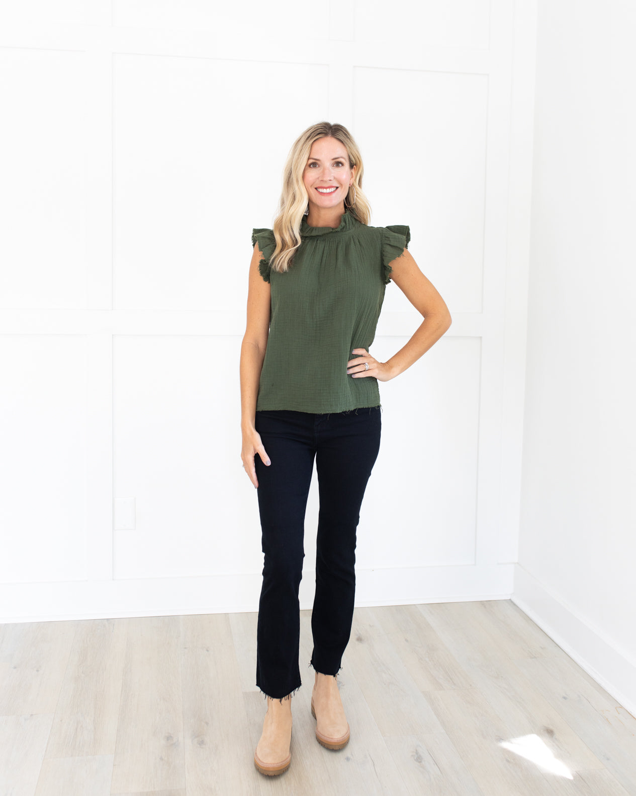 Gauze Ruffle Neck and Sleeveless Top in Army Green