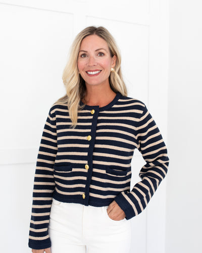 Navy/Tan Knit Striped Cardigan Sweater