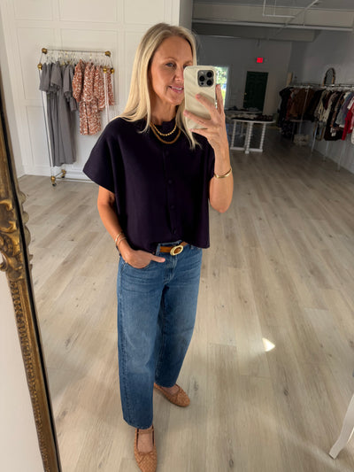 Navy Knit Soft Short Sleeve Sweater w/Buttons