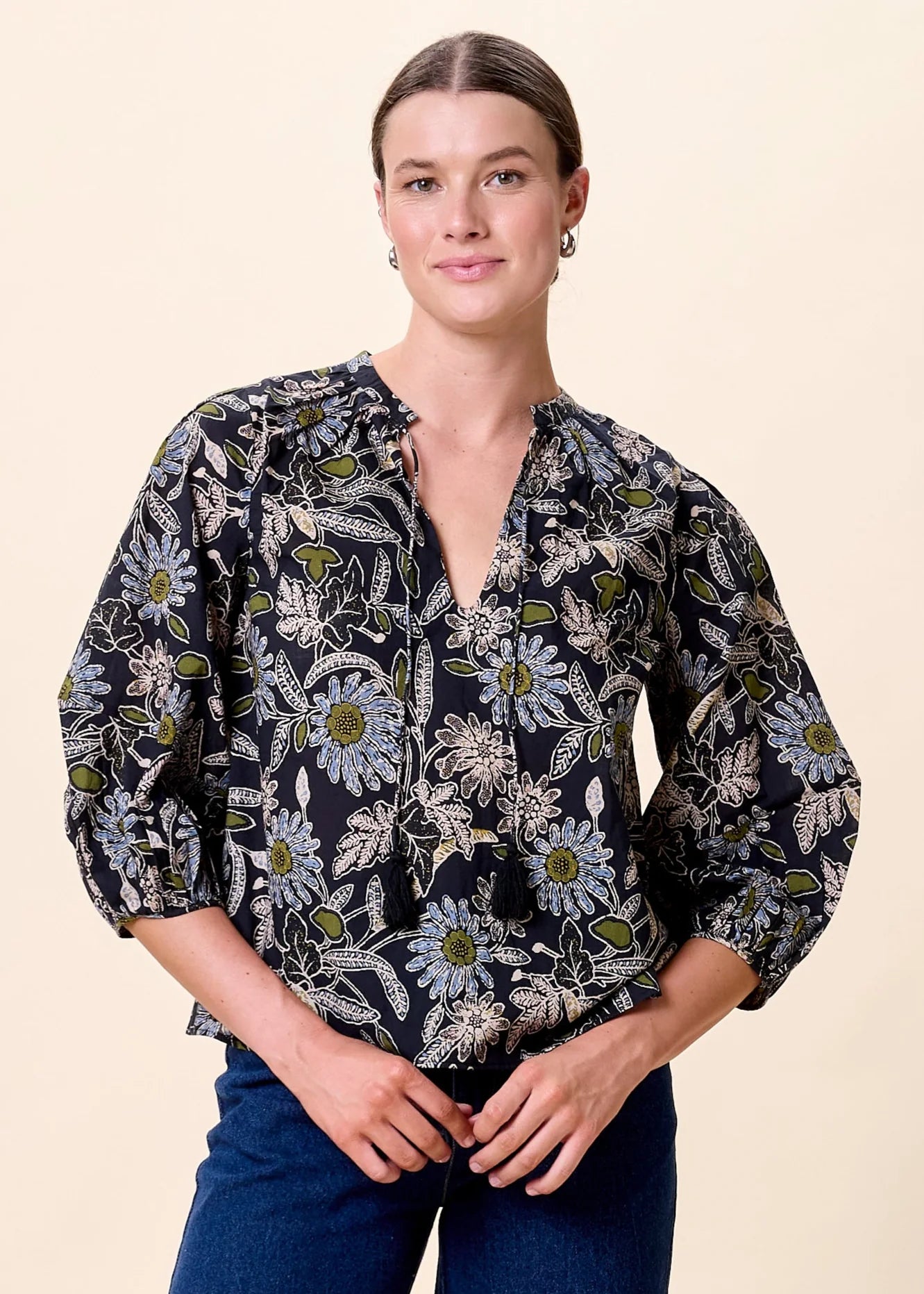 Dark Magnolia Black Floral Print Belle Blouse